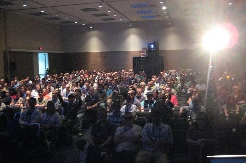 A full audience seen from the stage at the SIGGRAPH 2009 Monsters vs Stereo production session